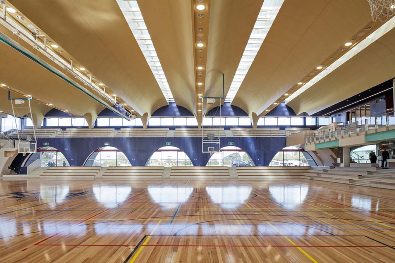 Interior view of Penleigh and Essendon Grammar School (PEGS) Gymnasium - gymnasium floor and coffered ceiling above.  Photo by John Gollings
