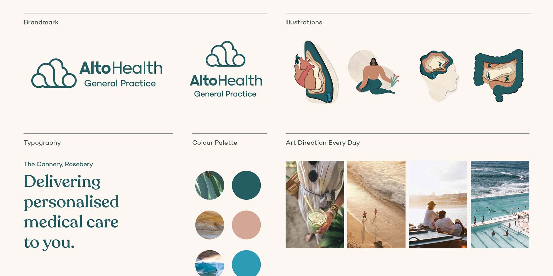 Alto Health branding - snapshop of brand assets such as logo, colours, illustrations, typography and art direction/photos