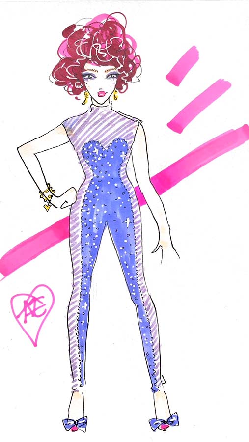 A sketch of a woman wearing a Silhouette catsuit made from lilac sequins and mesh.