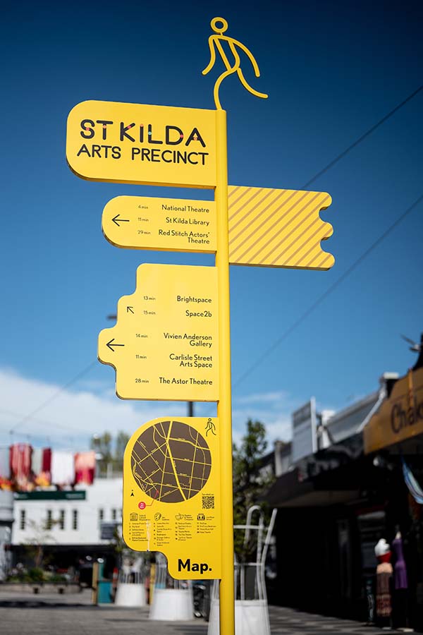 Yellow Sculptural wayfinding in St Kilda for the City of Port Phillip.