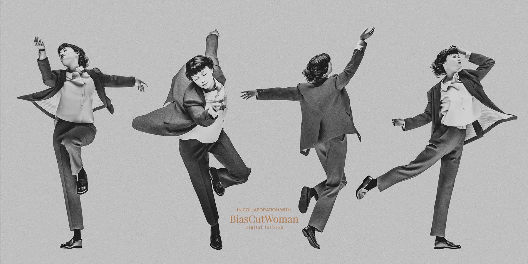Black and white image of female avatar wearing tailored suit and penny loafers, shown in 4 dynamic poses across image.