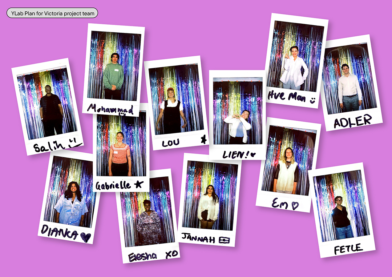 Polaroid-style portraits of the YLab Plan for Victoria team, labeled with names on a sparkly backdrop.