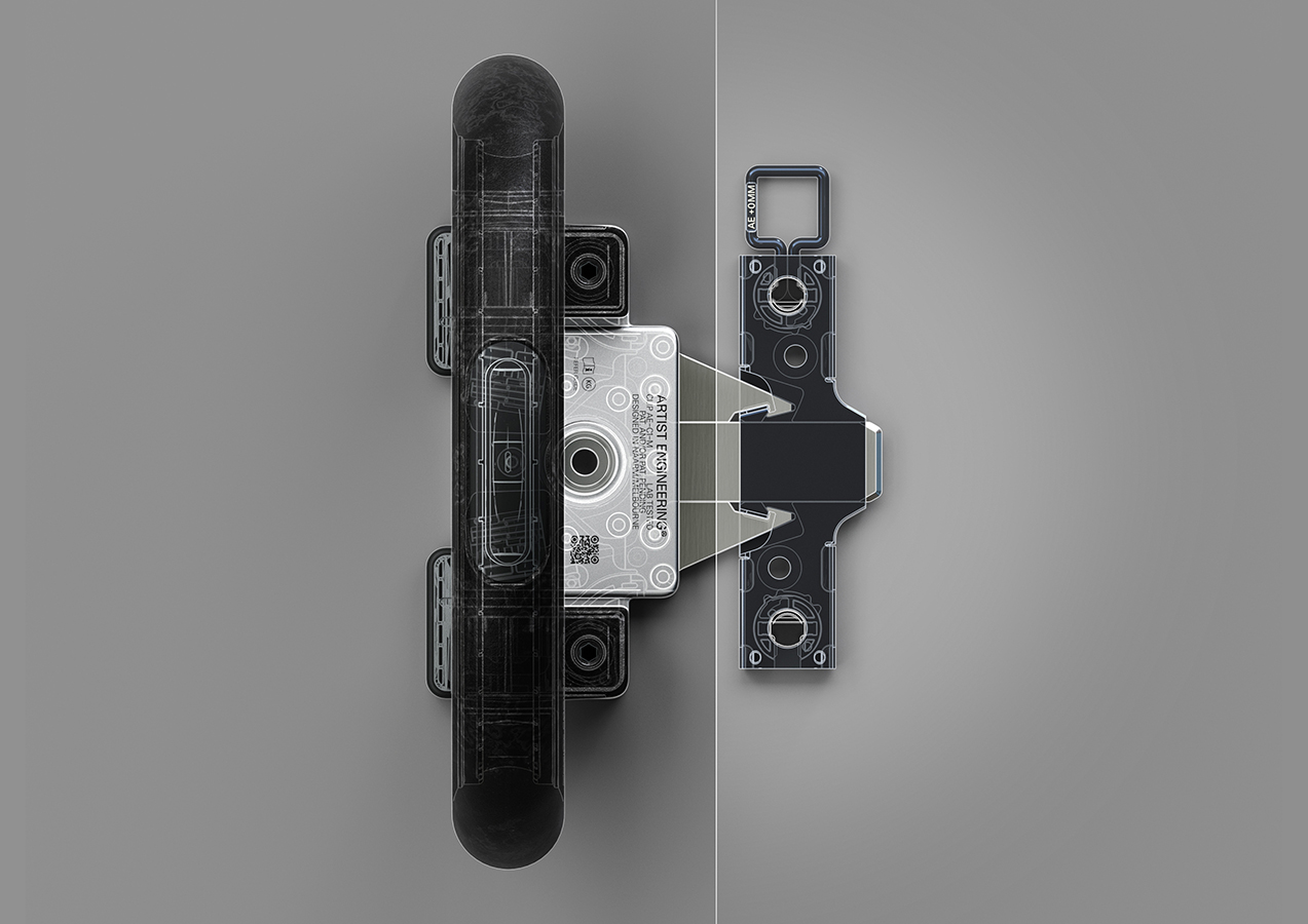 A technical view with transparency showing details of attachment between AE Clip and AE Bracket