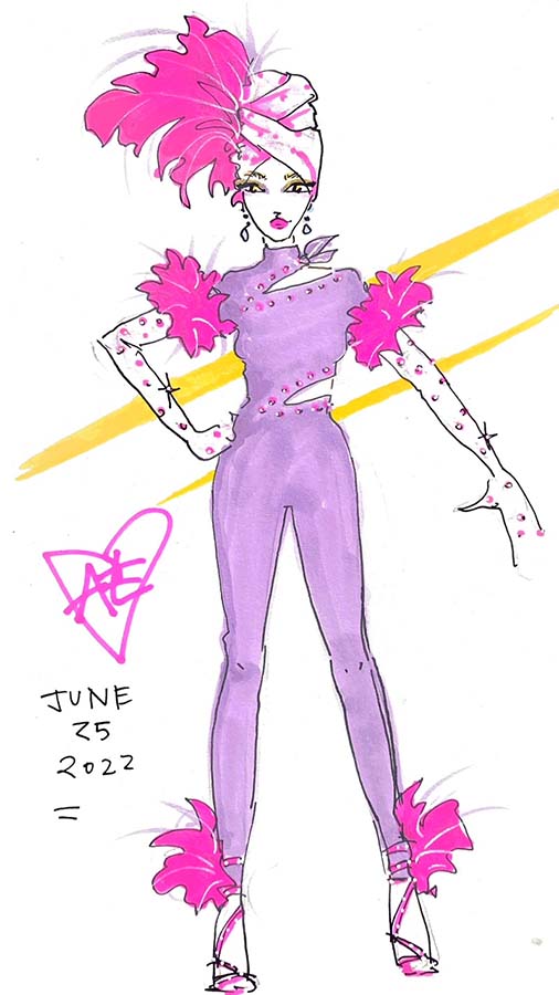 Woman wears flamboyant lilac catsuit with cutouts and pink ostrtch feather trim.
