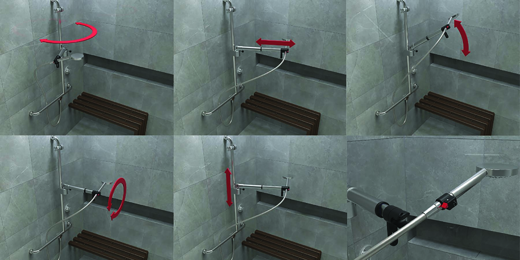 6 tiled images showing the range of movement of the telescopic shower holder with red arrows indicating movement direction