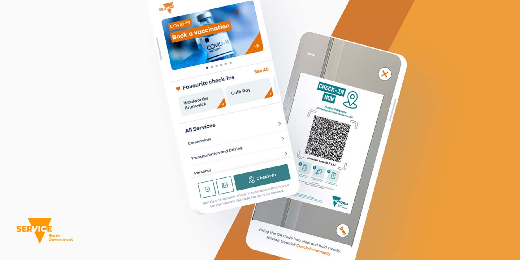 Two mobile phones on a white and orange background displaying screens from the Service Victoria Mobile App Check-In Function.