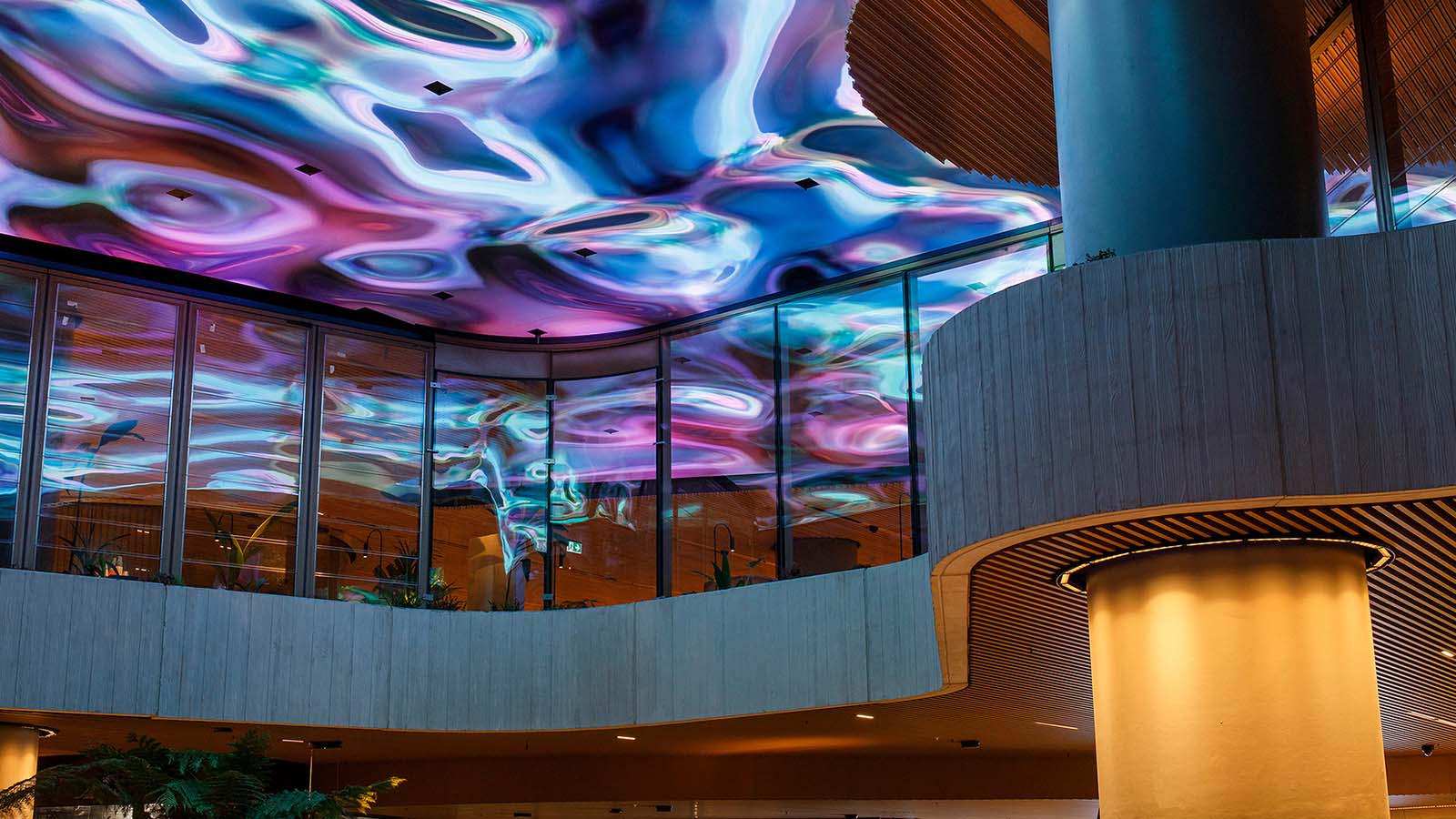 Ground level view of 'BUBBLE' digital art installation at Heritage Lanes Brisbane foyer is driven by live wind data.