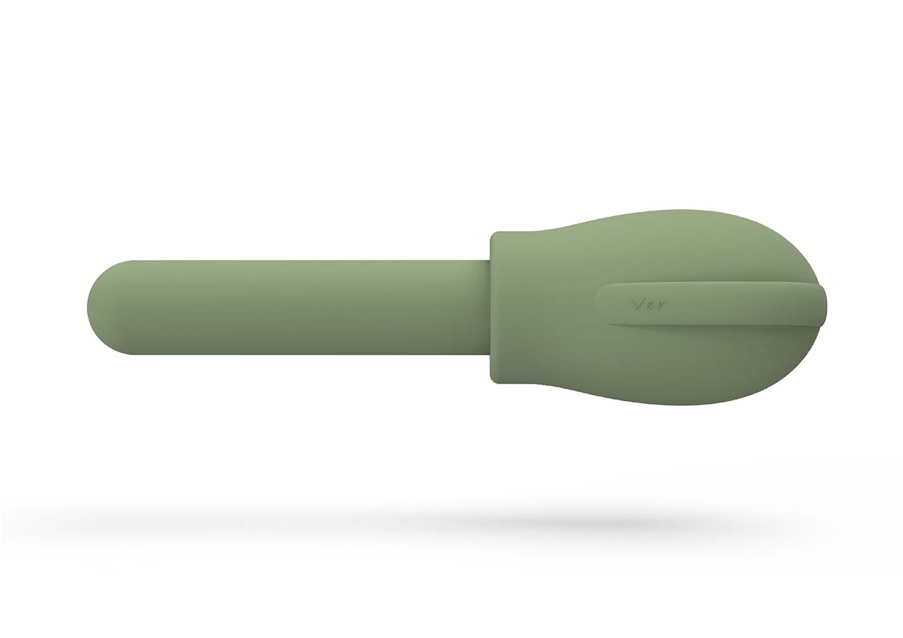 Ver (a multi sized dilator) floating horizontally at its largest size. White background, forest green dilator.