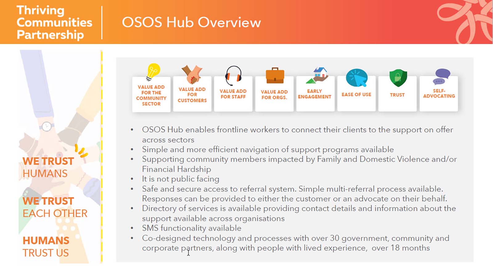 Overview slide explaining key aspects of the OSOS Hub functionality and impact for organisations and the community