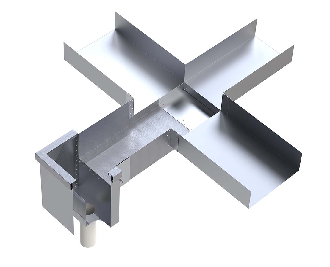 Dam Buster Crucifix side outlet device allows three box gutters to be connected to a single discharge point.