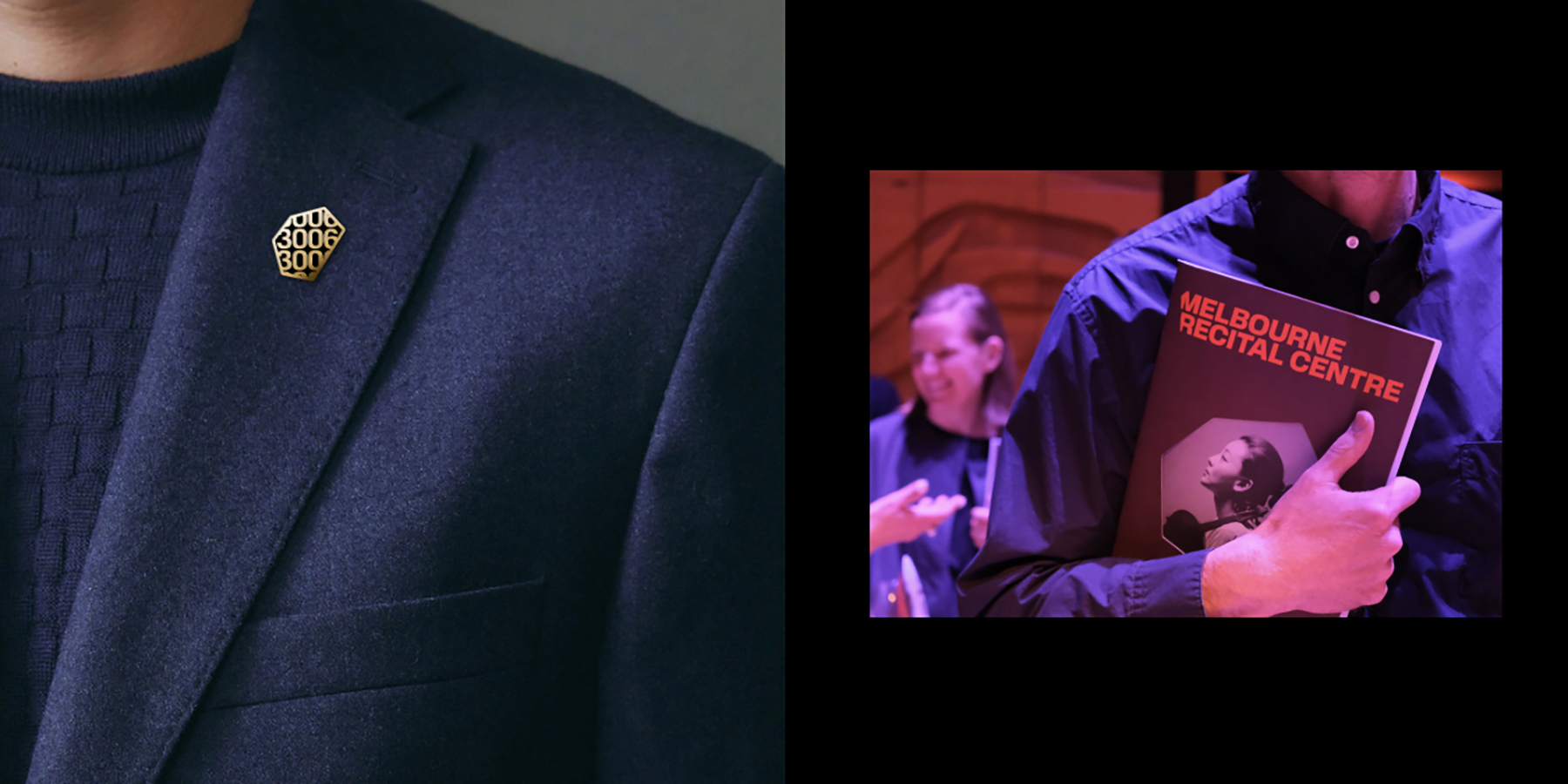 A choir badge and the 2025 programme, both featuring the hexagonal shape