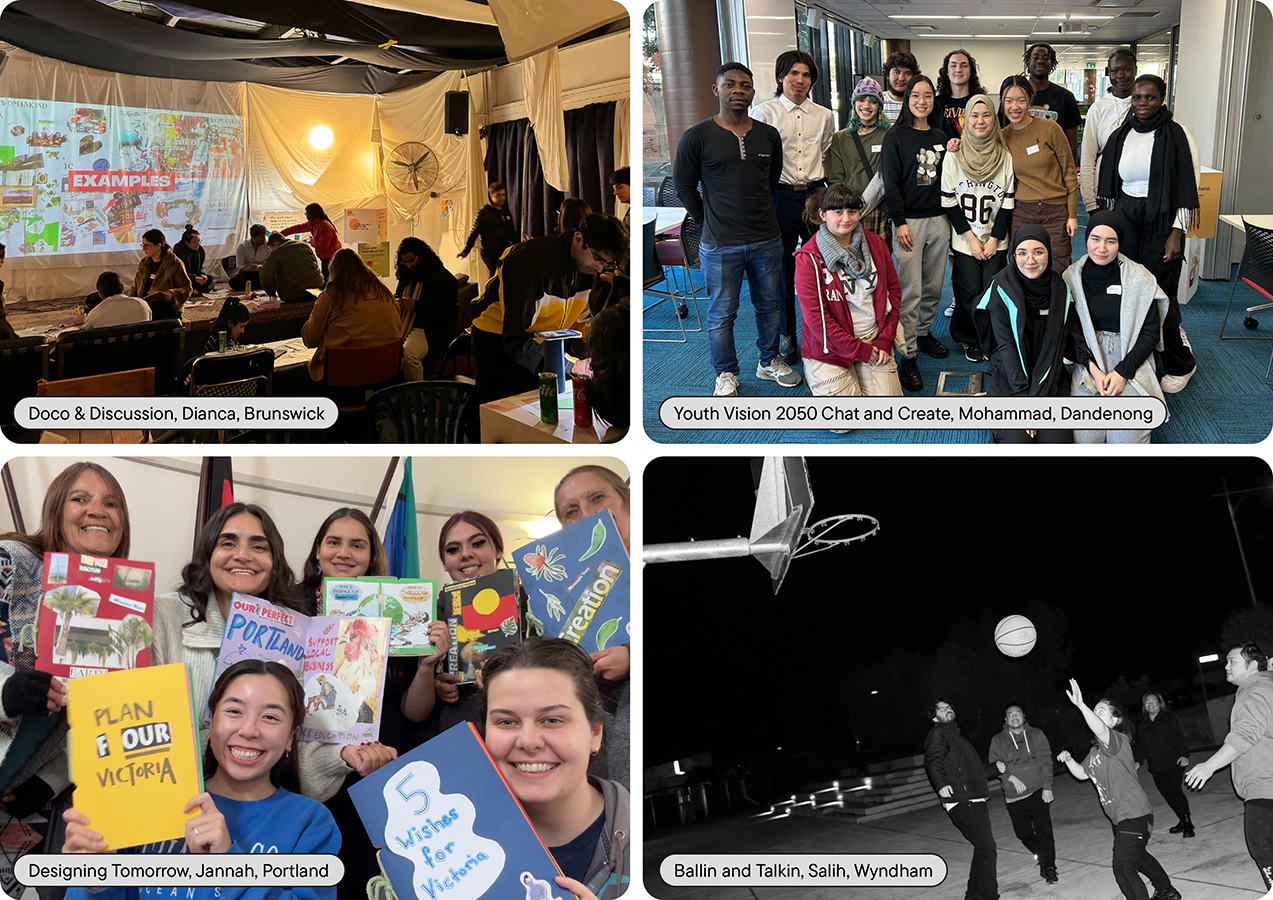 Photos of youth-led events: film screening, chat session, basketball night, and art workshop.