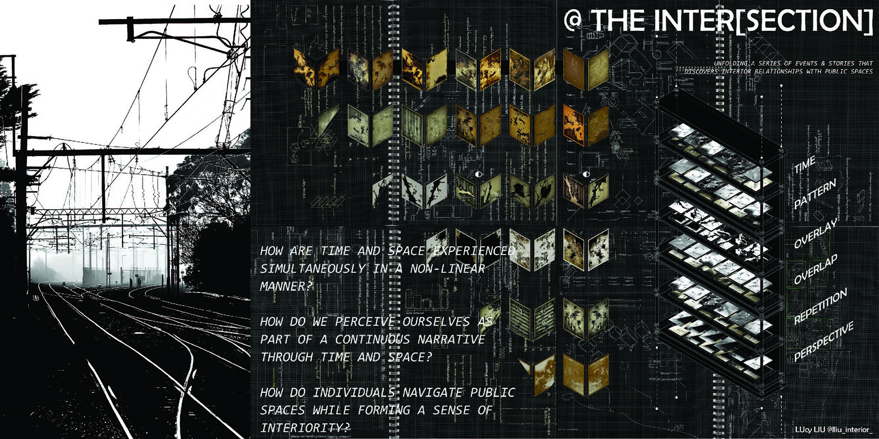 Research questions and concepts layered within an interconnected 3D spatial composition, integrating hand-drawn elements.