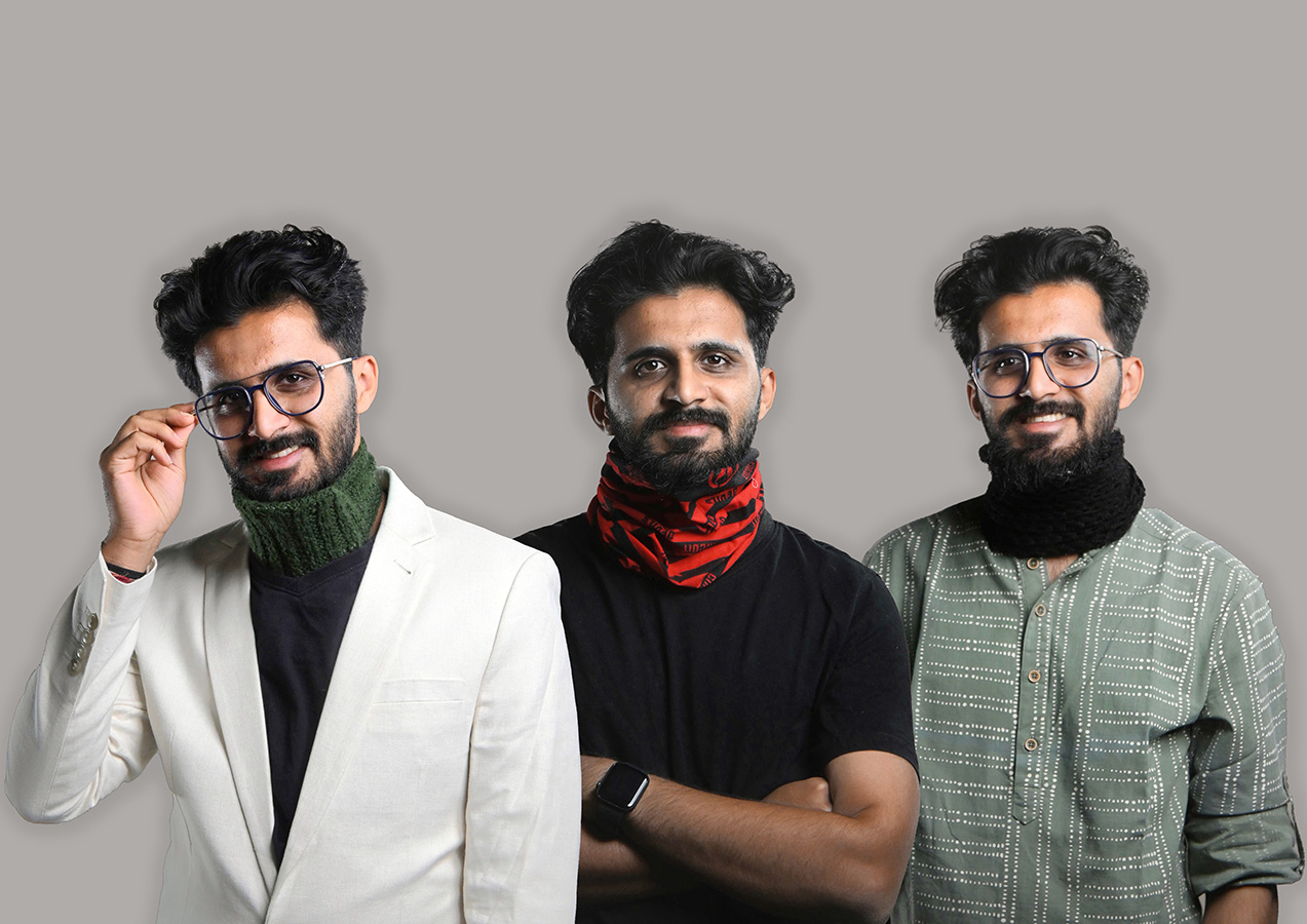 A man modeling three different styles of neck collars with different attires; green on white, red on black and black on green