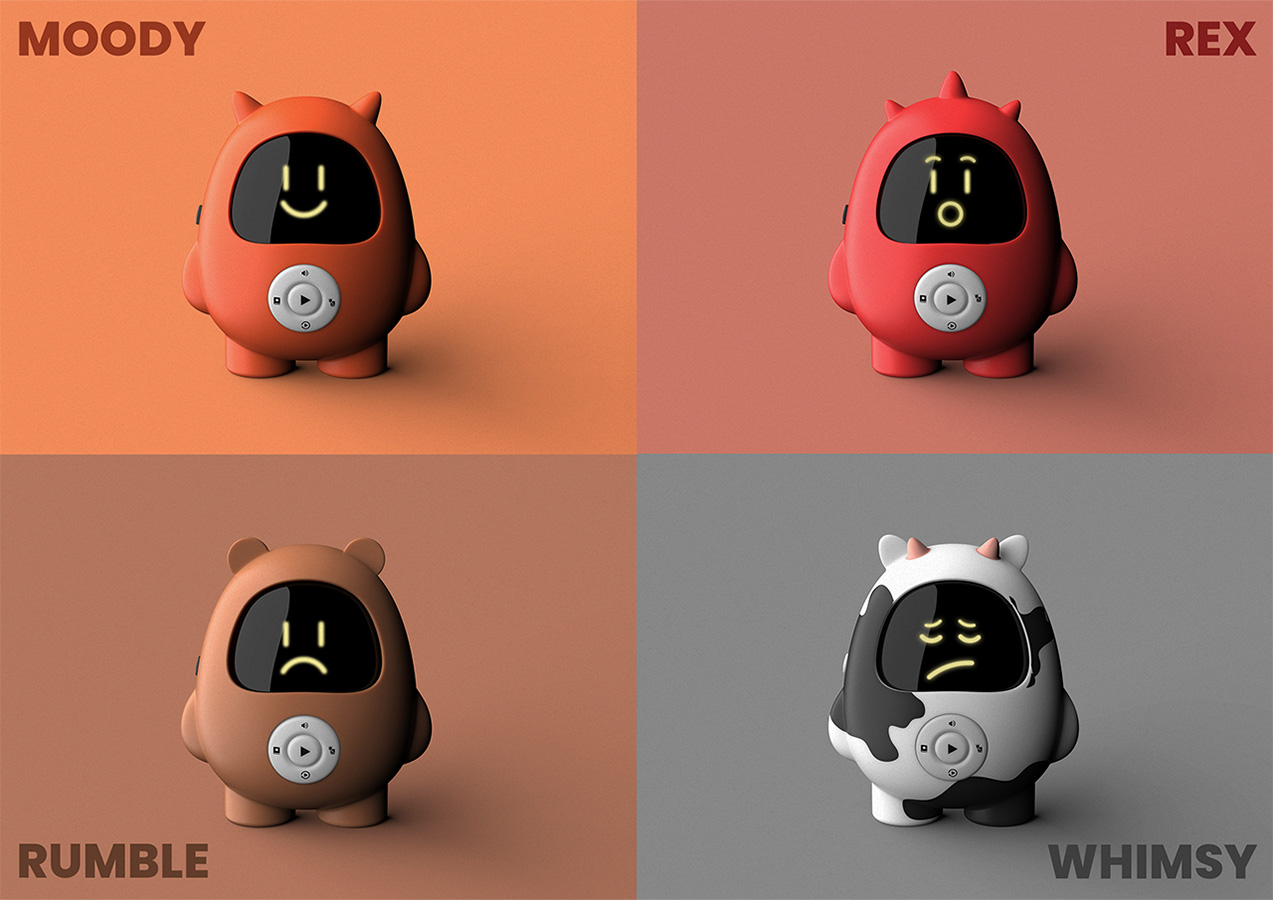 Moody, Rex, Whimsy, and Rumble silicone toy characters, each with unique cases, display varied emotional expressions.