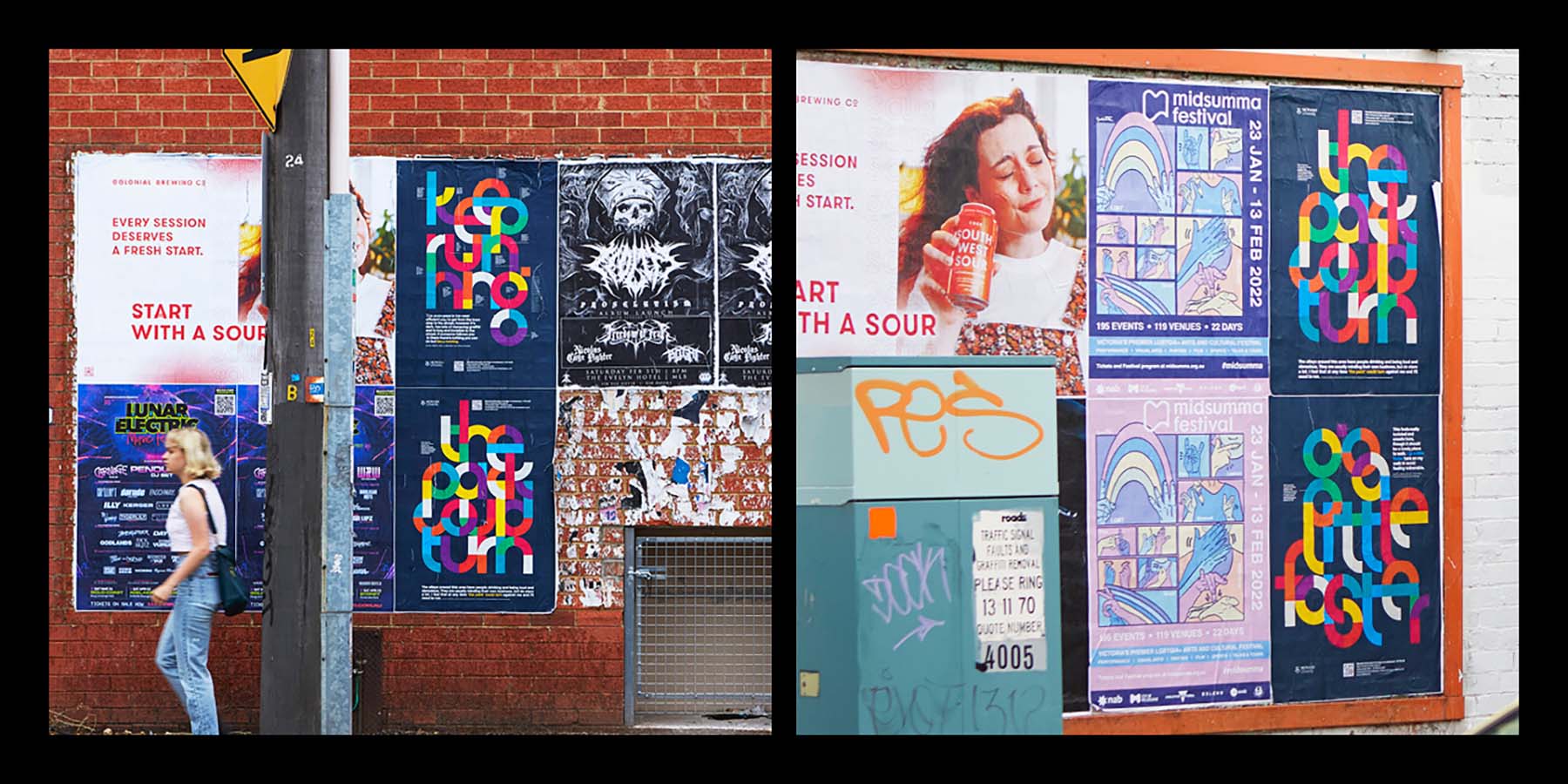 The series of posters in their urban location and close up of the narrative text