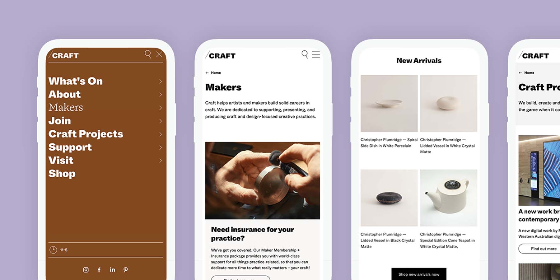 A spread of mobile layouts of the Craft Victoria website, demonstrating templates, imagery and colour