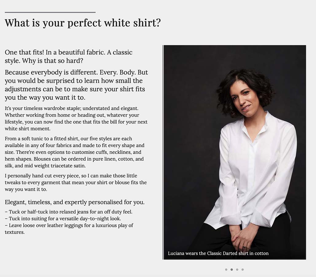Screen grab of website page with brunette woman wearing a white shirt on a black background, and some text.