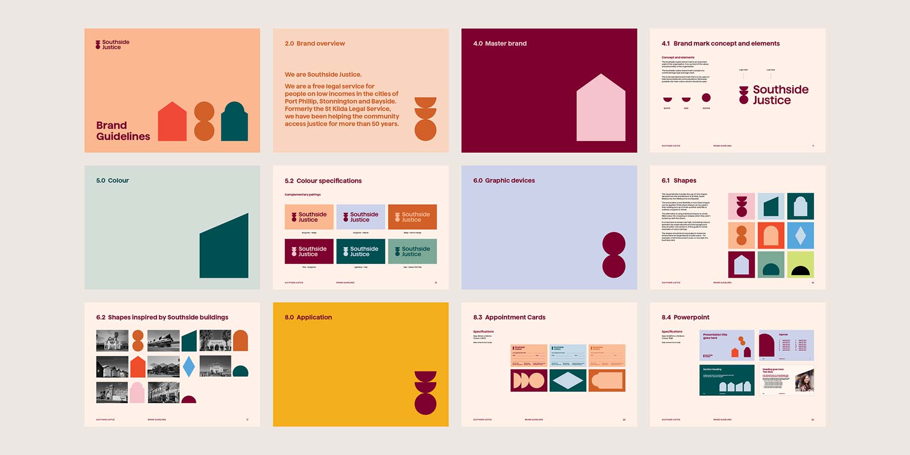 Southside Justice brand guidelines sample pages outlining the logo, brand colours, fonts and graphic systems.