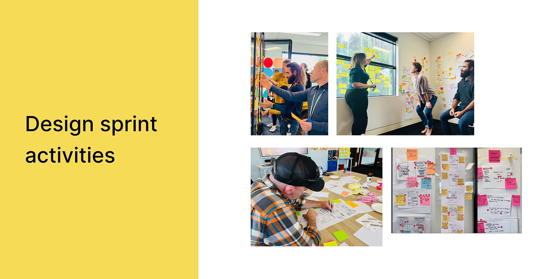 A collection of images taken from the design sprint workshop. A title that says 