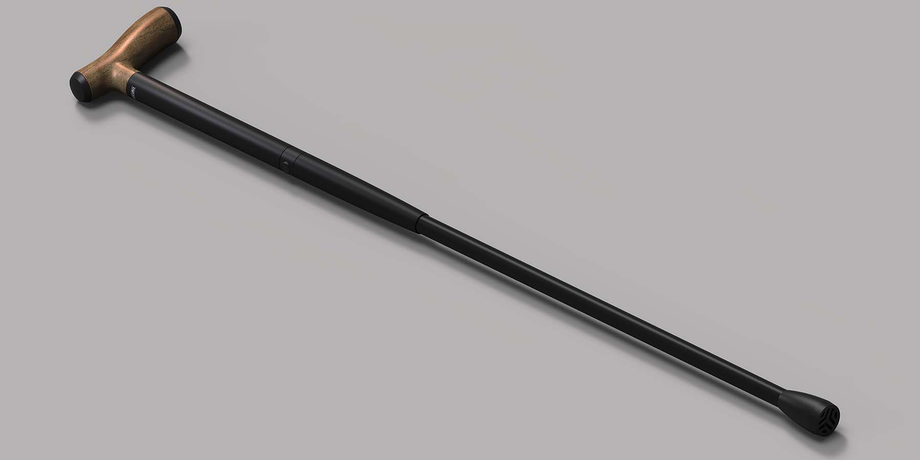 A black adjustable height walking stick with an American walnut handle with a tapered top shaft, bottom shaft and ferrule