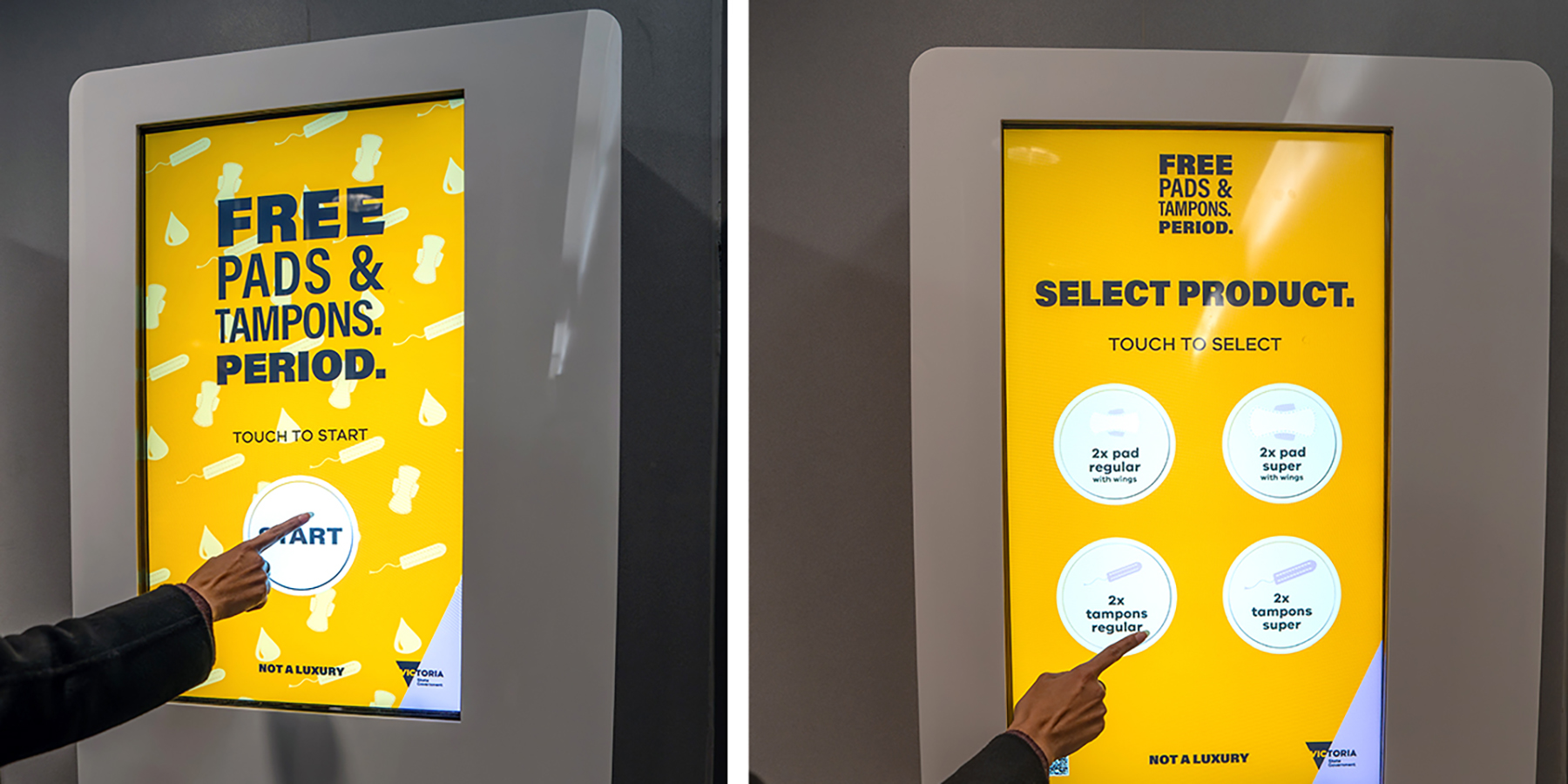 Free Pads and Tampons vending machine in use, showing the home screen and product selection interface on the touch screen.