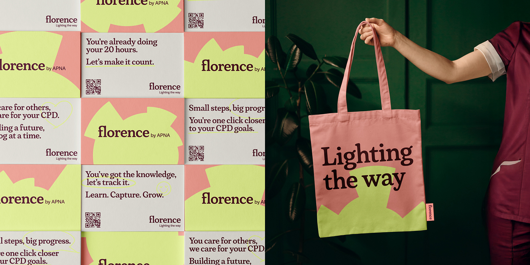 Florence tote bag and print collateral featuring bright colours and motivational CPD messages.