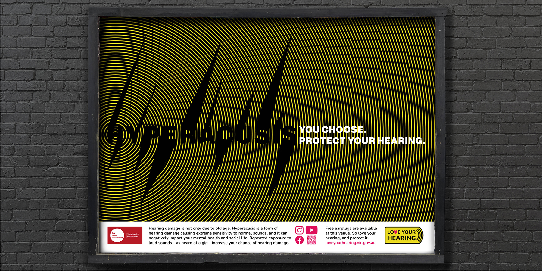 Love Your Hearing campaign 'Hyperacusis' poster mock-up shown in proposed position near a music venue