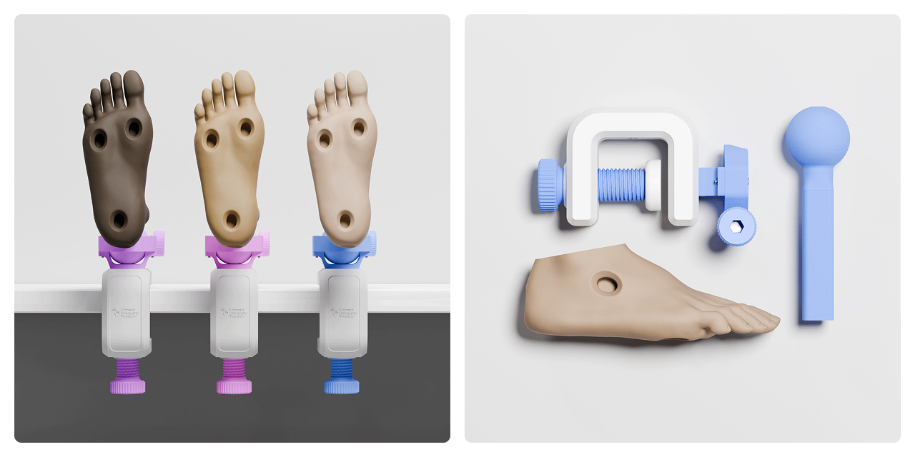 Left: 3 EduKits clamped to a desk. Right: Disassembled EduKit clamp laid out on a table