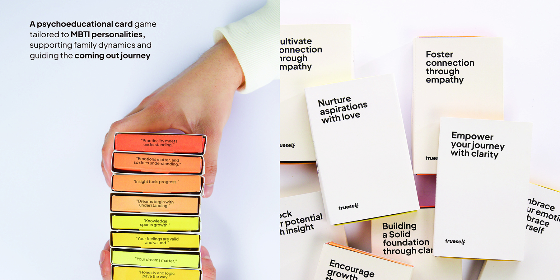 Game cards with customised quotes, colours, and messages tailored to teen and parent MBTI types for emotional connection