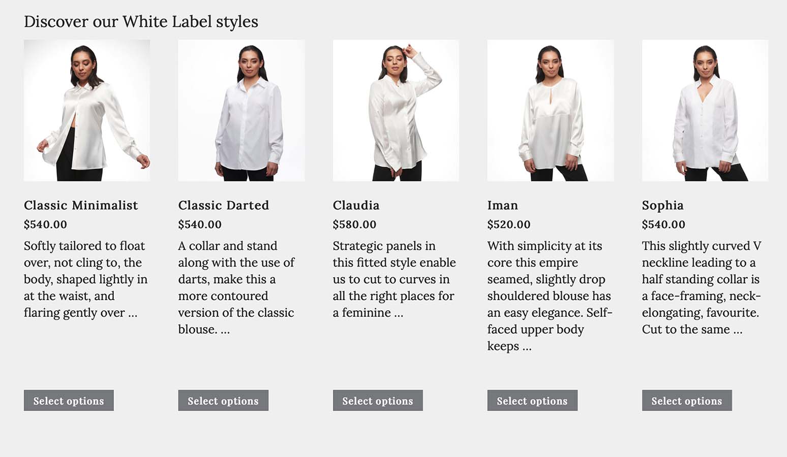 Screen grab of website with five images of the same woman wearing different white shirts on a white background. 