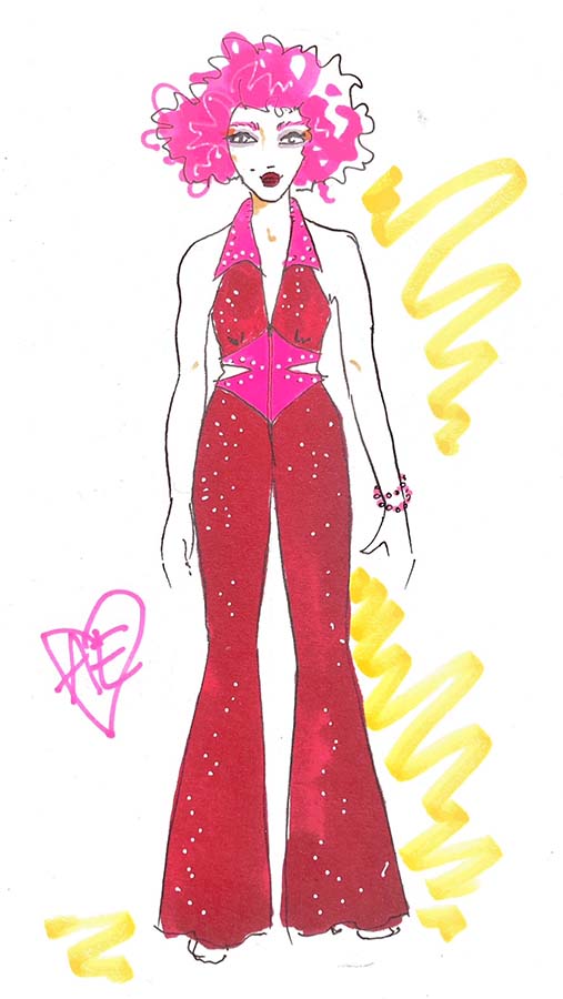 Burgundy and pink western influenced jumpsuit with flares.