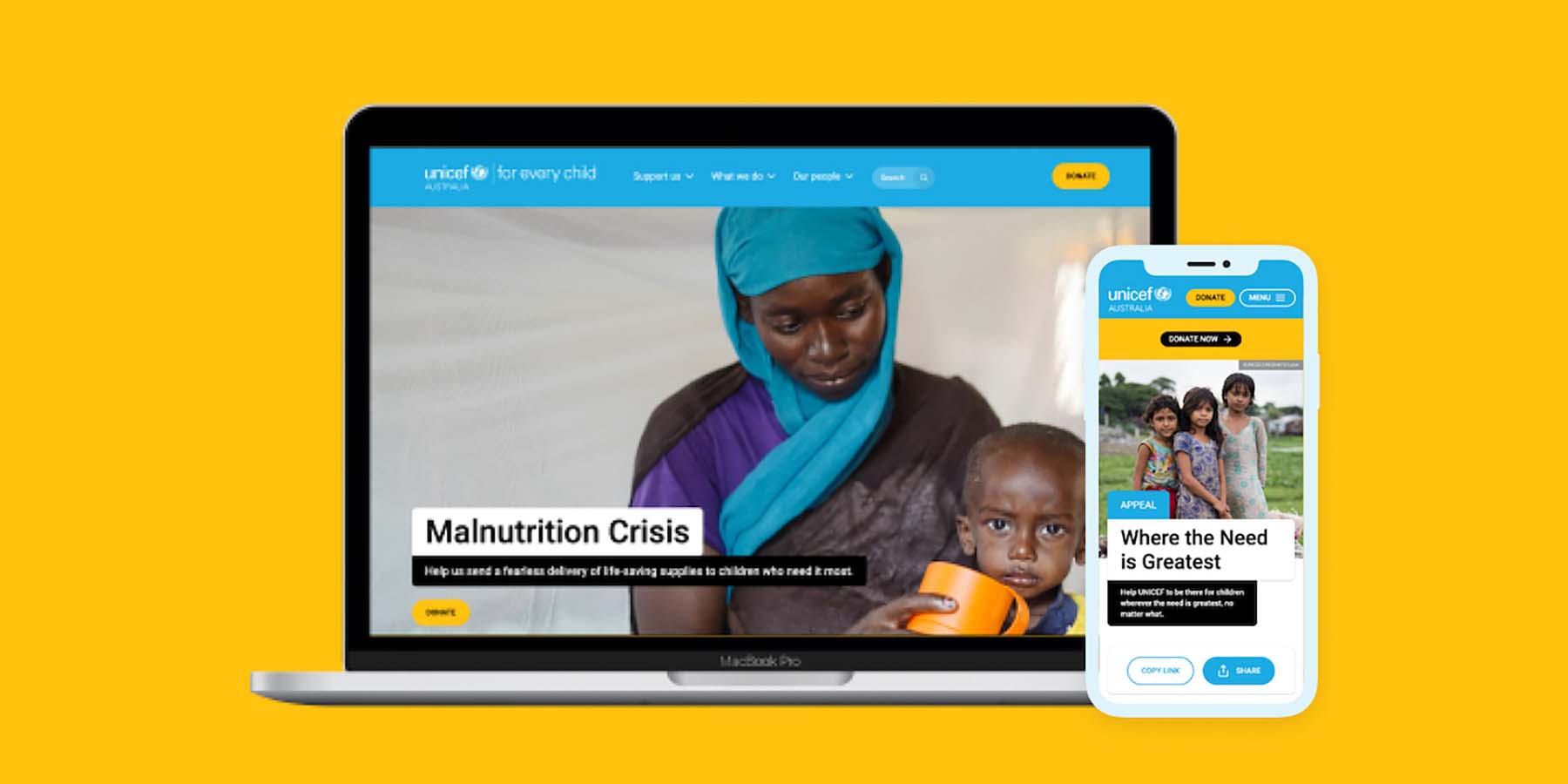 UNICEF Australia website on Macbook Pro and mobile phone