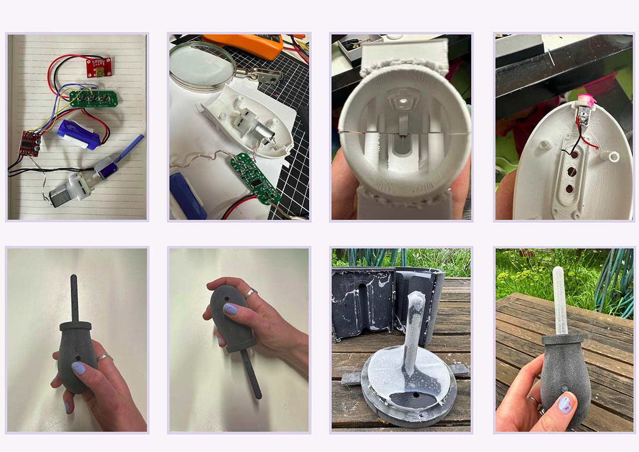 8 images of prototyping creating electrical components, internal plastic casing and silicone sleeves.