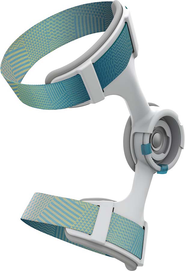 teal and grey knee brace in bent position shown from rear, large circular hinge