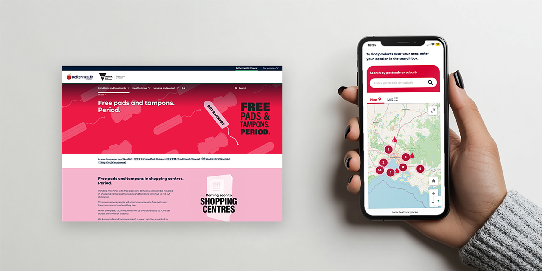 Hand holding a smartphone displaying the campaign website with a map showing pad and tampon machine locations.
