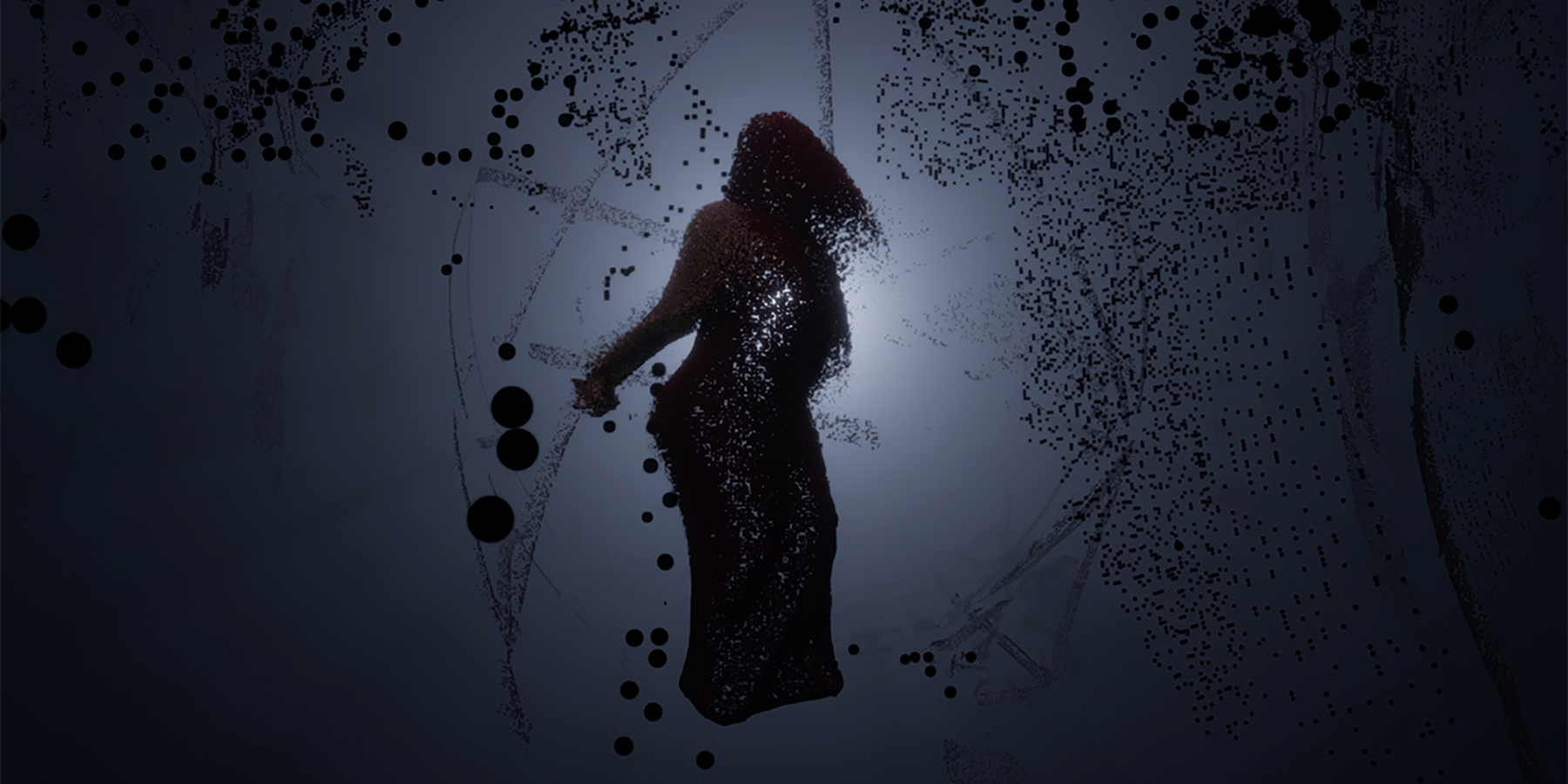 Backlit red abstract figure dancing with particles