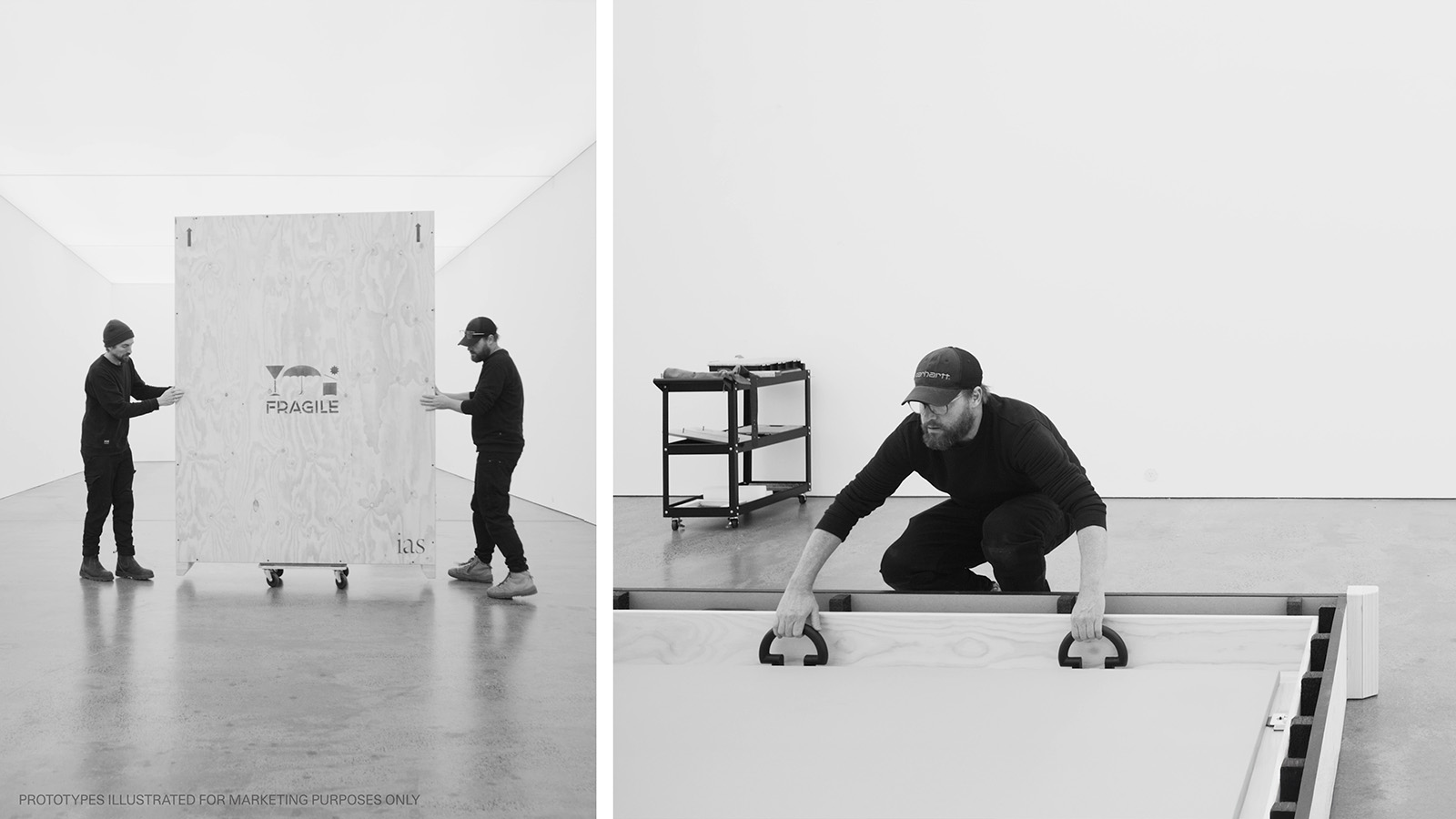 Crate in gallery; Artwork being removed from crate using AE hardware