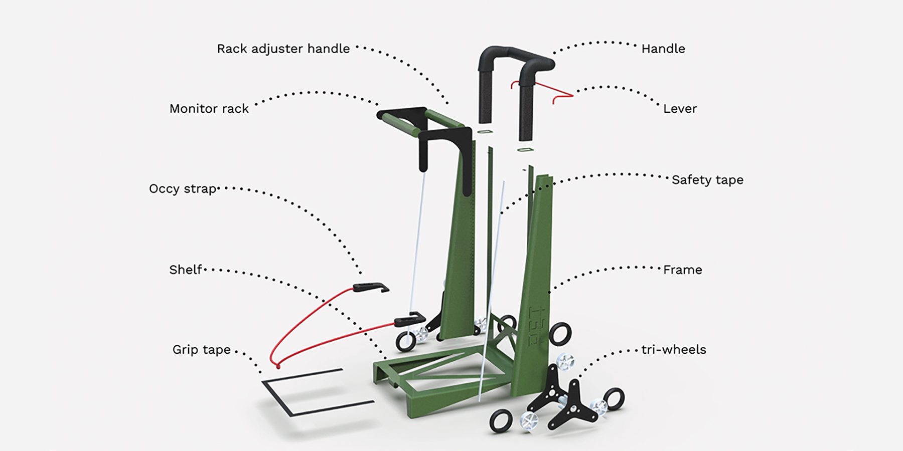 Exploded view of the trolley with parts list.