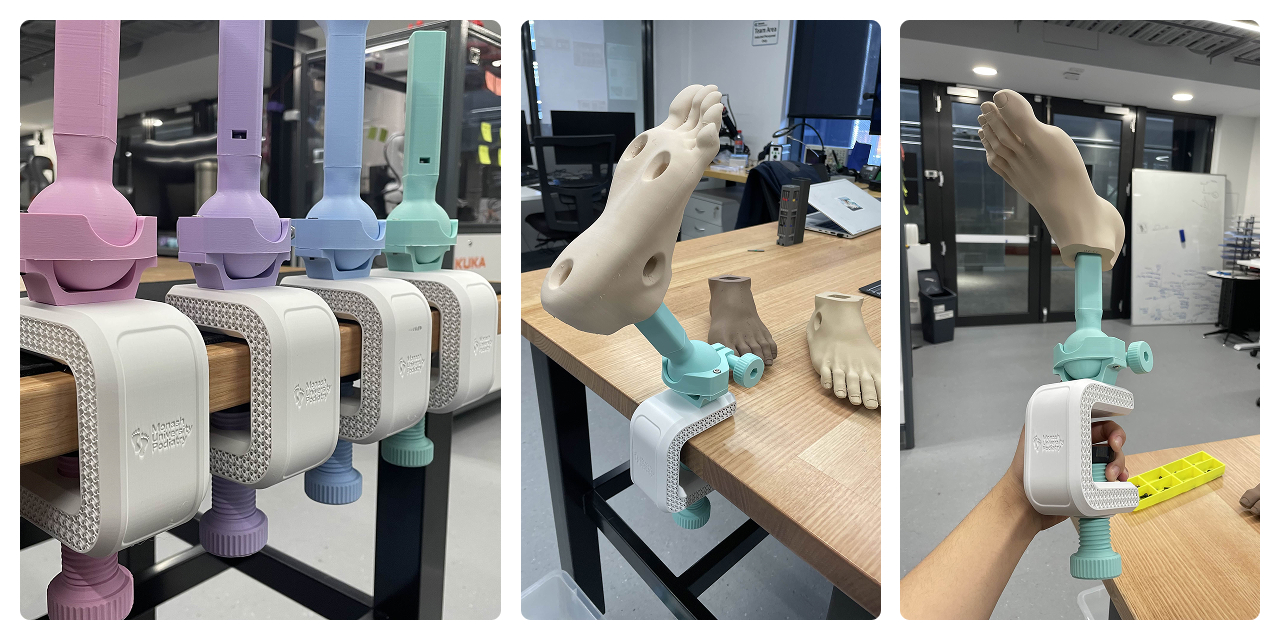 Left: 4 EduKits of different colours. Center: EduKit with foot clamped to table. Right: EduKit in hand.