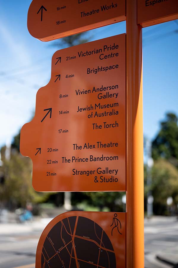 Orange Sculptural wayfinding in St Kilda for the City of Port Phillip.