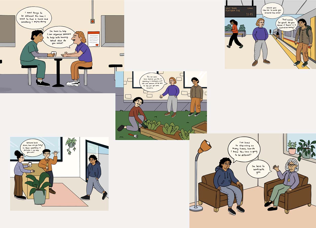 Comic collage of common scenarios of the people the program is intended for