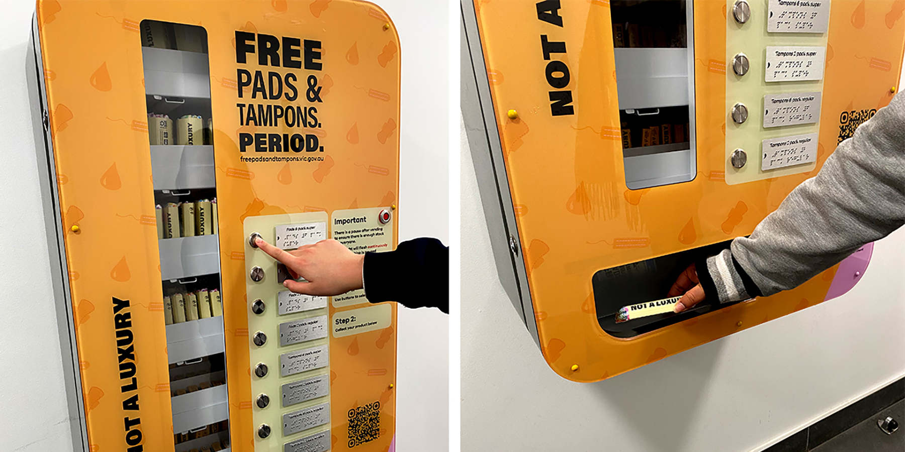 The orange battery-powered Free Pads and Tampons vending machine, featuring braille for accessibility.
