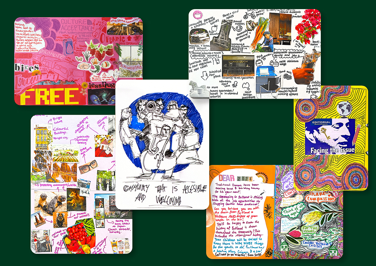 Colorful collage of youth-created artworks, drawings, and handwritten ideas for Victoria’s future.