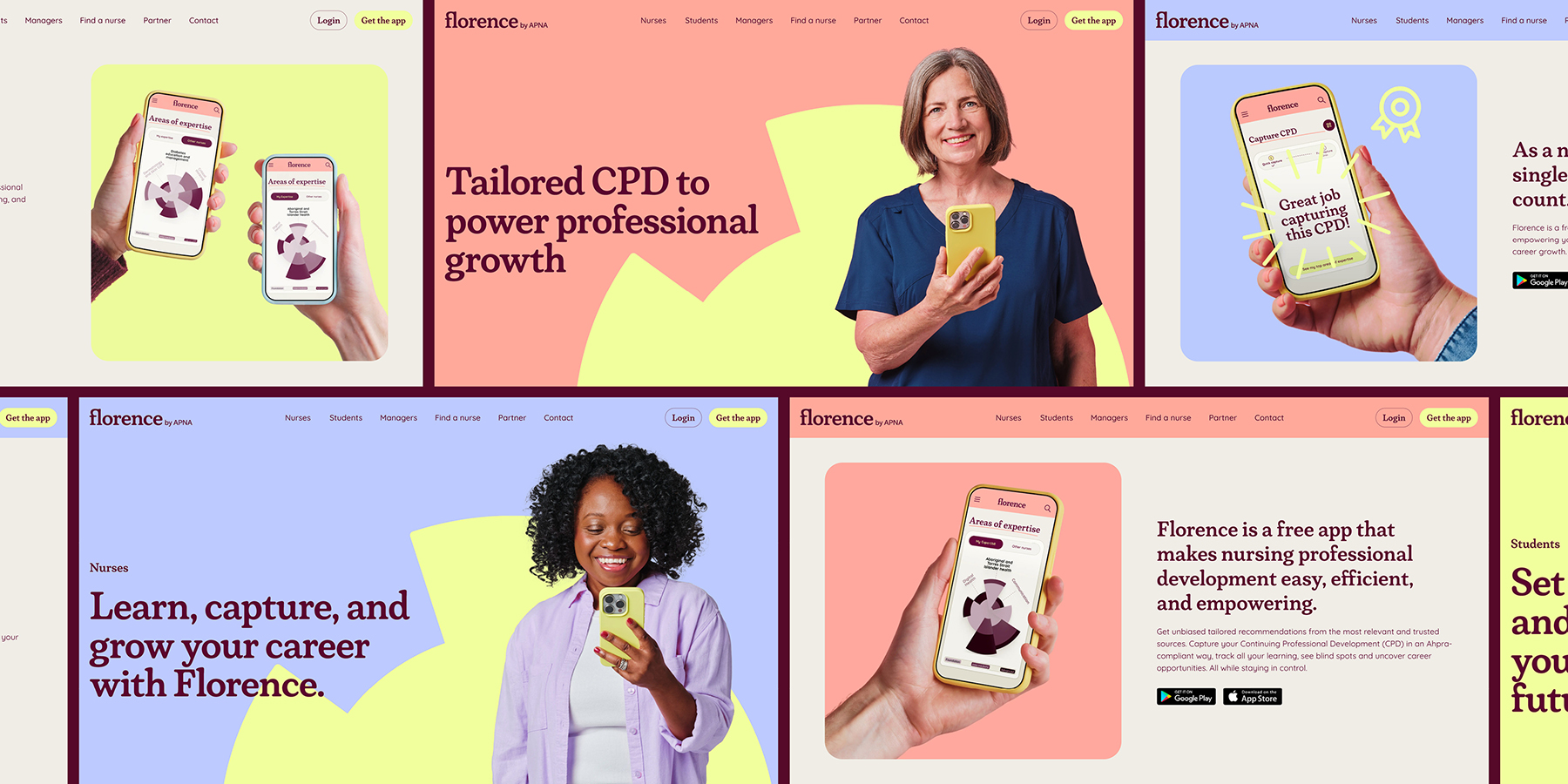 Florence homepage mockups with nurses holding phones and messages about CPD and career growth.