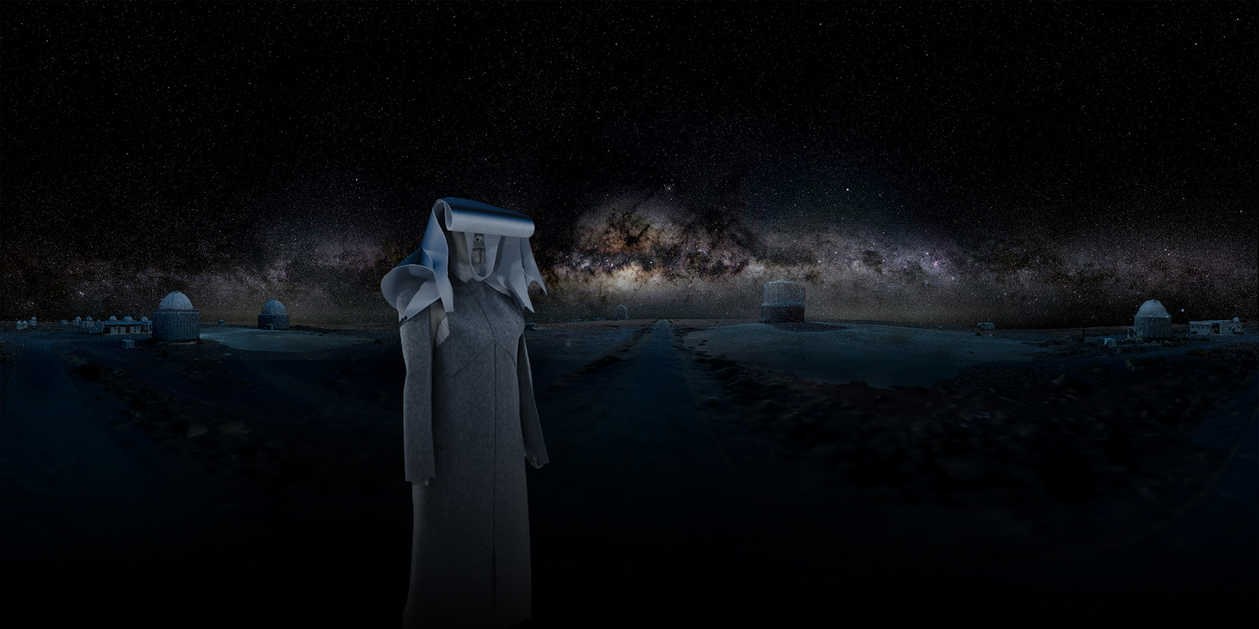 Costumed figure against a VR world of the Southern African Large Telescope geography and a Milky Way lit nightsky
