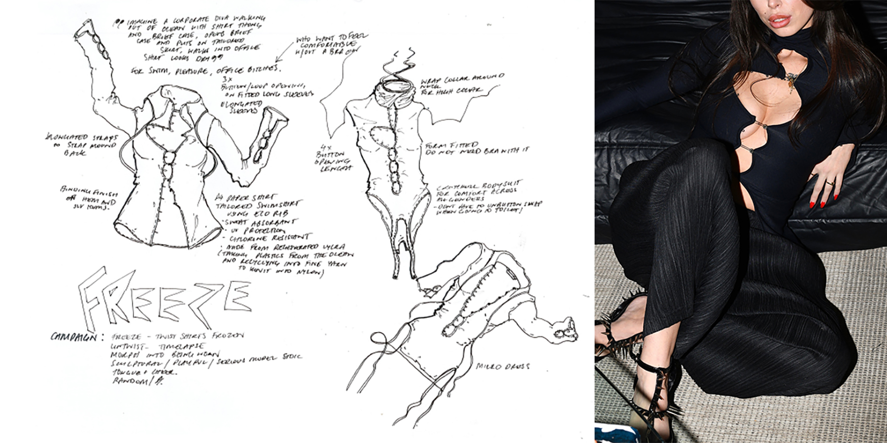 Sketch of shirt detail with annotated notes and a photograph of woman wearing shirt.