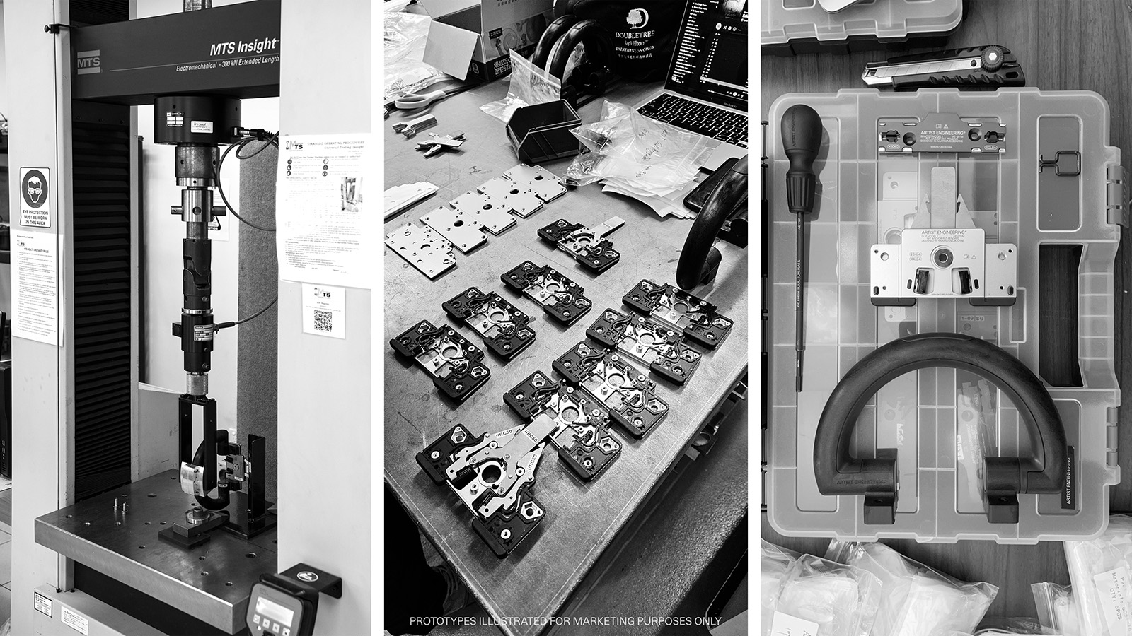 Laboratory load testing; views of prototype internal parts; field trials kit