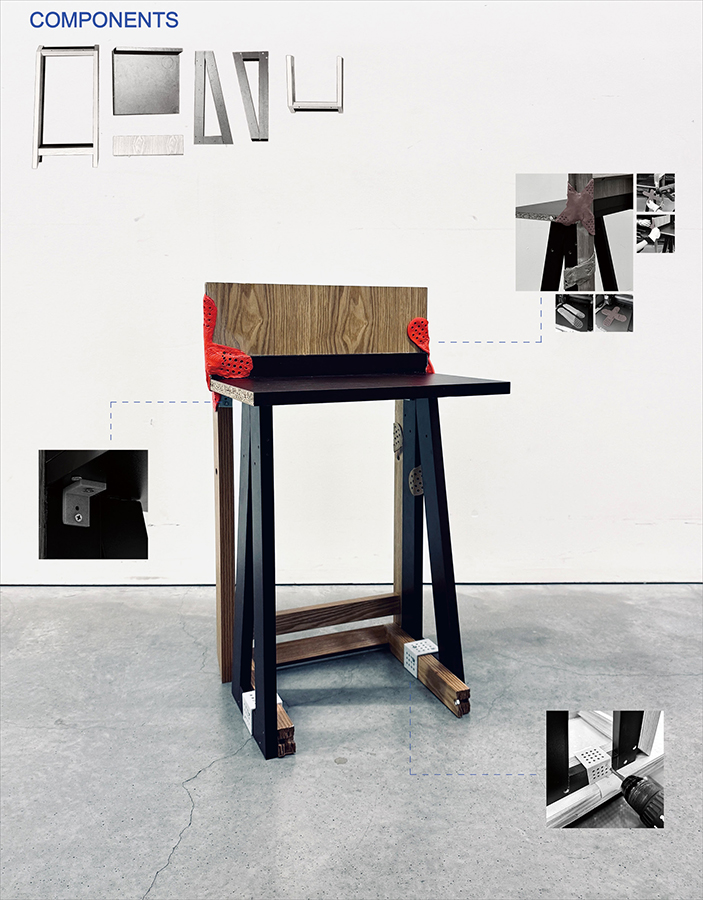 A reclaimed chair assembled with 3D-printed connectors, showing joinery details and the distinct reused parts.