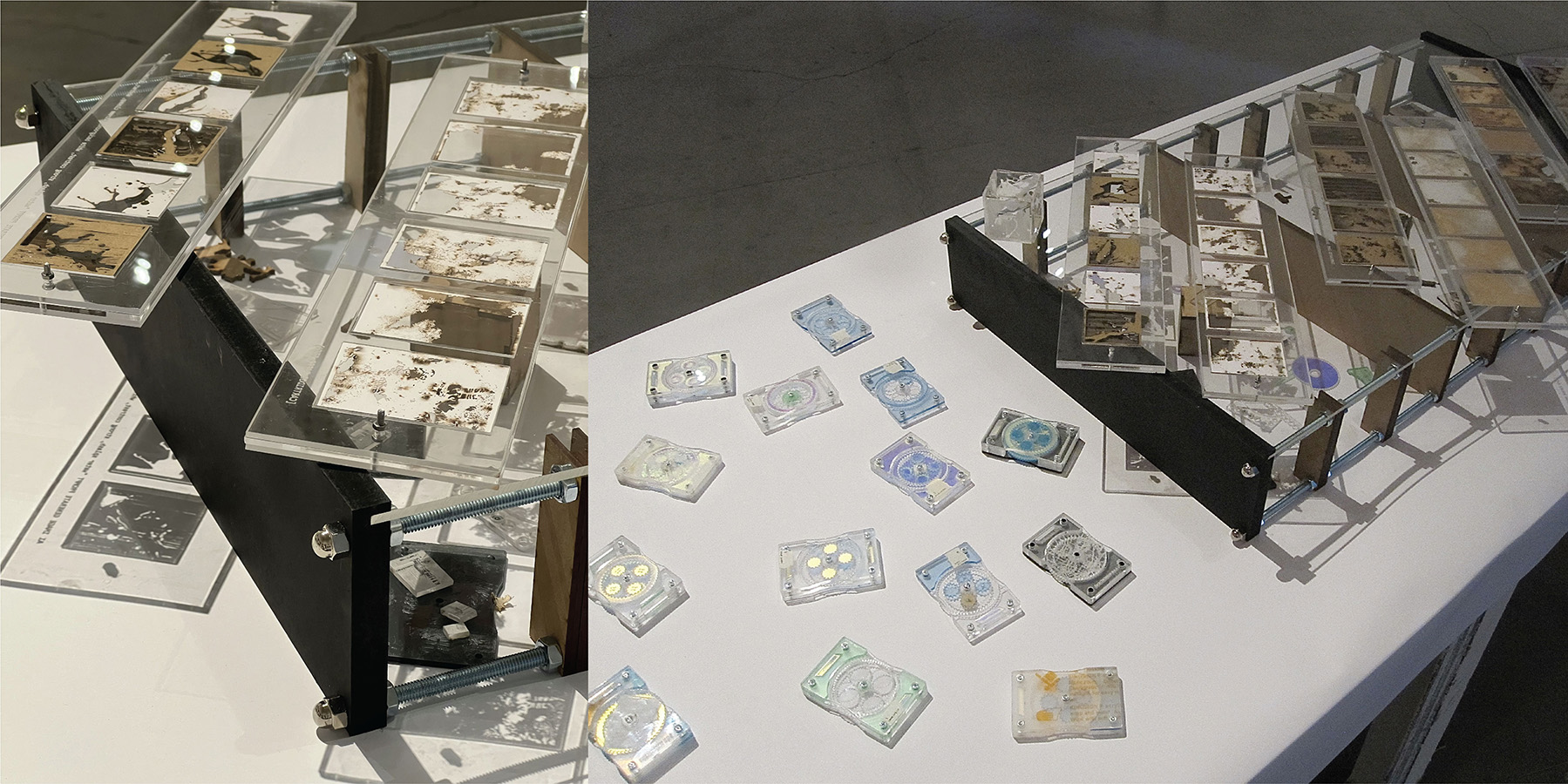 Exhibited display shelf structure, using transparent acrylics to reveal fabricated layers through light and reflection.